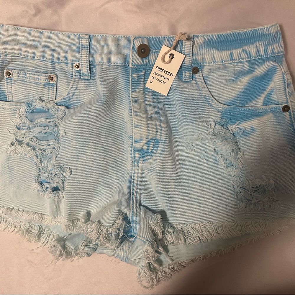 Forever 21 Sky Blue Ripped Jean Shorts